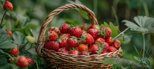 Fresh Strawberries photography in a basket. A basket filled with freshly Strawberry from a fall garden photography horizontal banner poster