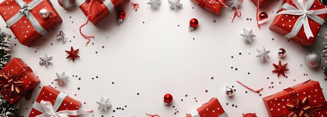 White Background With Red and Silver Presents