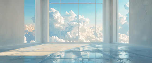 Empty Room With Large Windows and Cloudy Sky