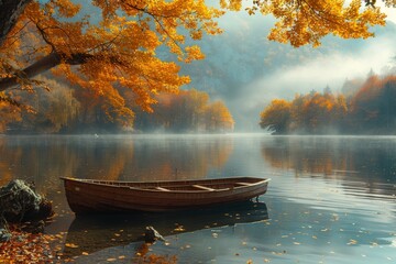 A mesmerizing scene of a wooden boat on a serene lake surrounded by vibrant autumn foliage