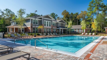 A sunlit multi-unit residential complex with a communal swimming pool and loungers showing community and relaxation