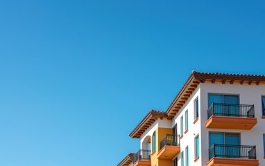 A vibrant image featuring the upper floors of a Mediterranean-style residential building with a clear blue sky