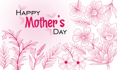 Happy Mothers Day, vintage magenta color outline of floral flowers. Trending Mother's day design. Dark Pink and black typography of Happy Mother's day. Editable. EPS 10
