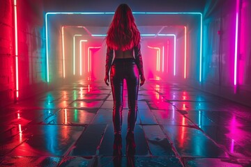 A back view of a woman facing vibrant neon lights in reflective puddles within a futuristic corridor, suggesting intrigue