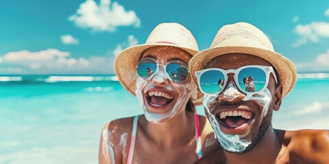 A couple mistakenly applying too much sunscreen on each other's faces on a sunny beach, resulting in exaggerated white cream marks, capturing a funny and relatable vacation