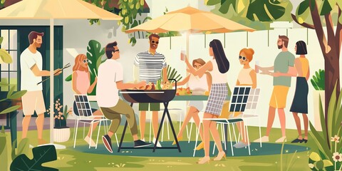 Modern barbecue party set in a lush garden. Diverse guests engaged in conversation, enjoying food, and savoring drinks, encapsulating a sophisticated yet casual outdoor dining experience