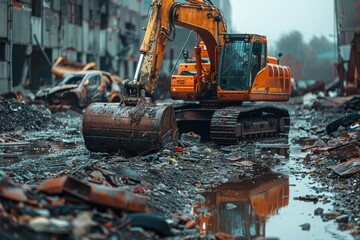 A weathered excavator stands amidst a desolate scrapyard, surrounded by debris under a gloomy sky The mood is both haunting and powerful as the machine represents human industry and its impacts