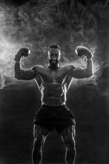 Obraz premium Boxer on the black neon background. Download high resolution photo for advertising online sports betting. Picture for ads a bookmaker application.