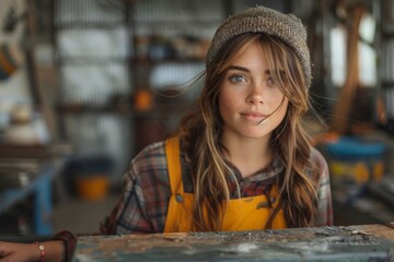 A contemplative woman in a wool hat and orange apron leaning on a workbench