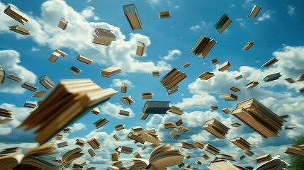   A group of books float in the air against a blue sky with white clouds behind, while above them, the sky is filled with fluffy white clouds
