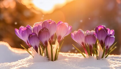 purple crocus flowers in snow awakening in spring to the warm gold rays of sunlight