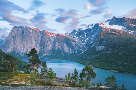 Norway landscape fjord and sunset mountains with coniferous forest picturesque aerial view travel in Narvik beautiful destinations scandinavian northern nature scenery summer season
