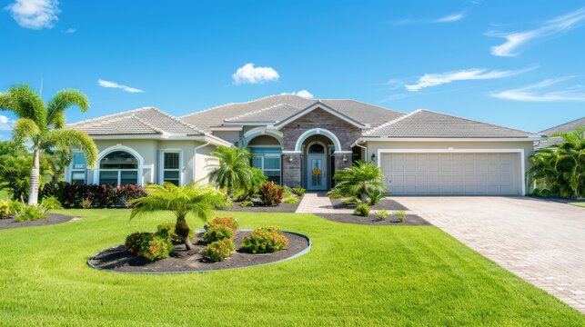 Showcasing the exterior of a lavish one-story house with beautiful landscaping and a curved driveway