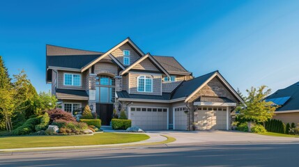 An upscale family home in a suburban neighborhood with lush landscaping and a serene environment