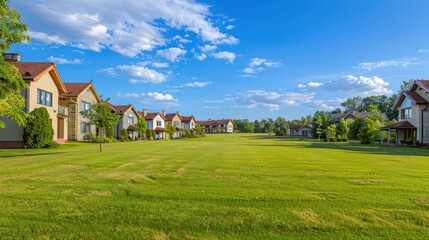 Fototapeta premium A bright and sunny row of uniform houses lined up behind a large, neatly trimmed green lawn under a clear sky