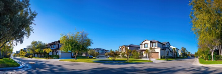 Obraz premium A wide panoramic view of a suburban street lined with contemporary homes under a clear blue sky