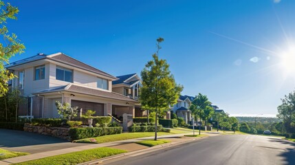 Obraz premium Luxurious houses with well-maintained landscaping under a bright sunny sky in a suburban setting