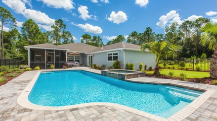 An enticing image showcasing a luxurious home with a large, inviting pool and beautifully landscaped backyard Perfect for high-end real estate listings