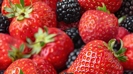   A single strawberry and blackberry stacked atop white space