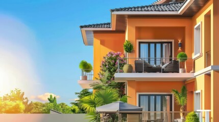 Contemporary home facade featuring a balcony with greenery and a clear blue sky, portraying a tropical vibe