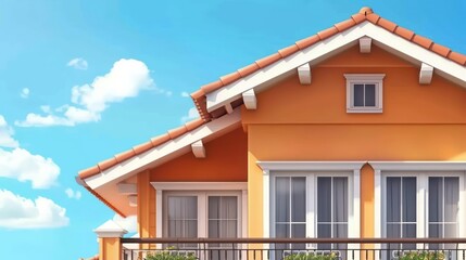 Obraz premium Vibrant cartoon-style house facade with orange walls representing happiness, warmth and a welcoming family home