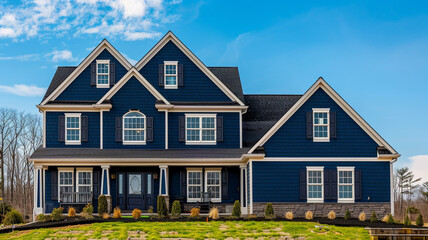 An elegant navy blue house with traditional windows and shutters stands out in the suburban landscape, its rich hue contrasting beautifully with the clear blue sky above.