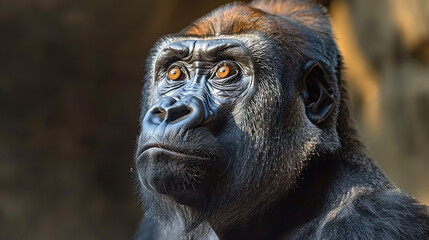 Obraz premium A close-up of a gorilla's face with an orange-eyed expression