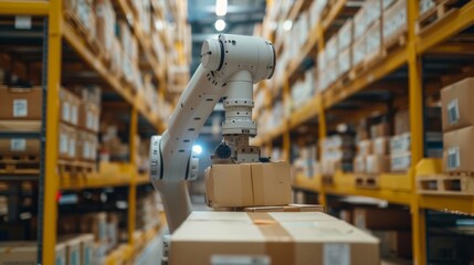 Precision robotic arm in warehouse delicately handling package with graceful movements