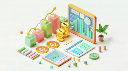 isometric 3d illustration of a financial dashboard with graphs, charts, and data