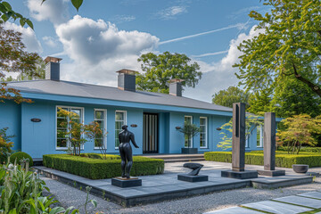 A classic house painted in a serene shade of glacier blue, with a minimalist garden featuring sleek, modern sculptures.