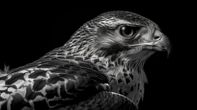   A bird of prey in focus, set against a solid black background