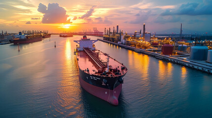 Naklejka premium Aerial front view of a heavy crude oil tanker travelling over calm sea 