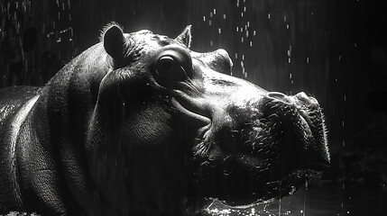   A monochrome picture depicts a hippo submerged in water with its jaws open