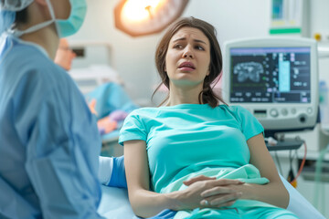 Fototapeta premium Woman Sitting in Hospital Bed Next to Man