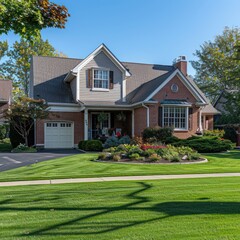 A traditional brick house with impeccable landscaping and a lush, manicured lawn under a clear blue sky