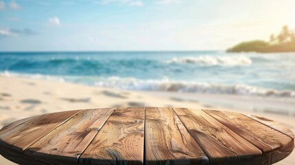 of a round wood table top on a blurred beach background