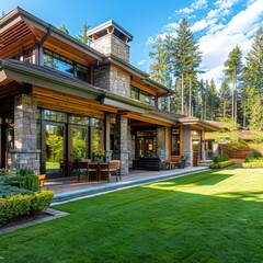 Fototapeta premium A sprawling luxury home with large windows and natural wood finishes sits against a forested backdrop, embodying nature's beauty