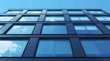 Modern building window facade, pattern, front view, sky reflection, photorealistic, blue color palette,