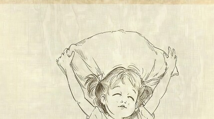   A monochrome illustration portrays a female figure resting her head atop a pillow, with both hands behind her head and arms concealed - obrazy, fototapety, plakaty