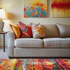 Vibrant, colorful living area interior of a stylish home featuring a cozy couch with decorative pillows