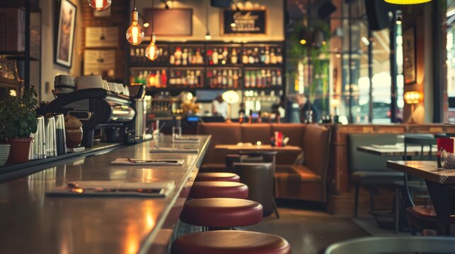 a long bar counter, red stools and neatly arranged tableware, capturing the laid-back and sociable dining atmosphere