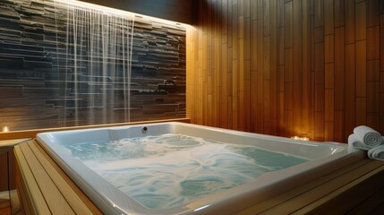 A modern and inviting bathtub with a wooden ambiance and cascading water from an overhead shower...