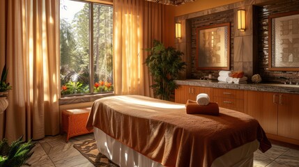 A massage room warmly lit by sunlight coming through the curtains, featuring elegant wooden...