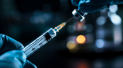 Medical Syringe in Laboratory Environment. Close-up image of a syringe being filled in a dark, high-tech laboratory setting.