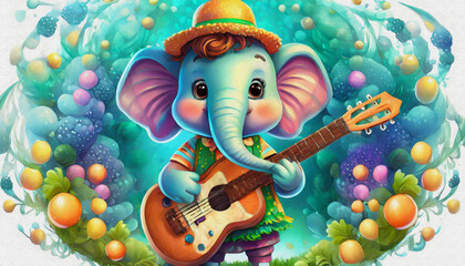 oil painting style CARTOON CHARACTER baby elephant Young aspiring musician holding  guitar with stage, 