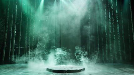 A stage covered in pale silver smoke under a deep green spotlight, giving a sleek, modern feel.