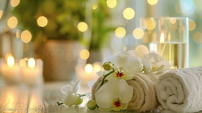 White towels and blooming orchids set in a warm, glowing ambiance with soft bokeh lights to create a relaxing and luxurious spa atmosphere