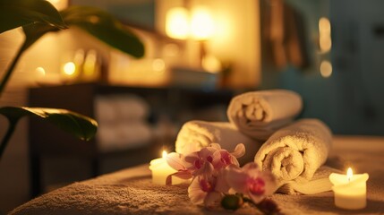 A calm and inviting spa atmosphere with a blurred background, soft lighting, candles, and delicate orchids adorning a massage table