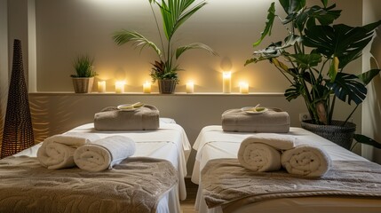 Cozy massage room with two tables and soft lighting creating a soothing environment for couples