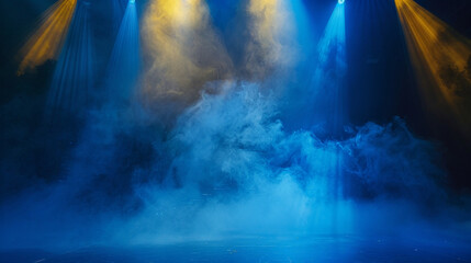 A stage shrouded in electric blue smoke under a golden yellow spotlight, offering a bold, futuristic visual.